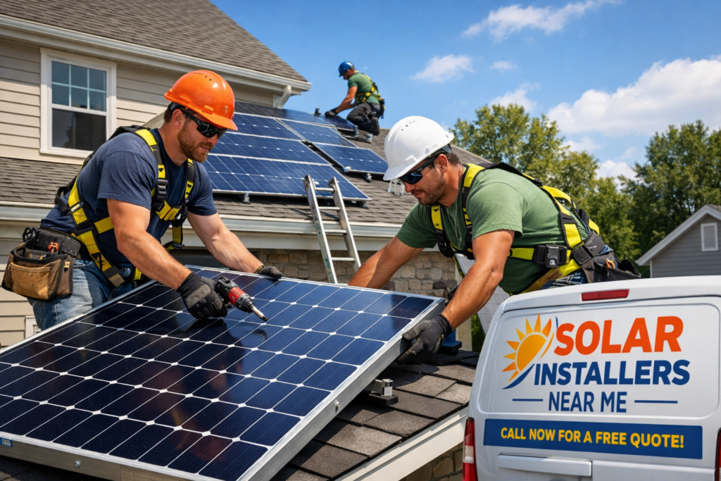Residential solar installers installing solar panels on roof