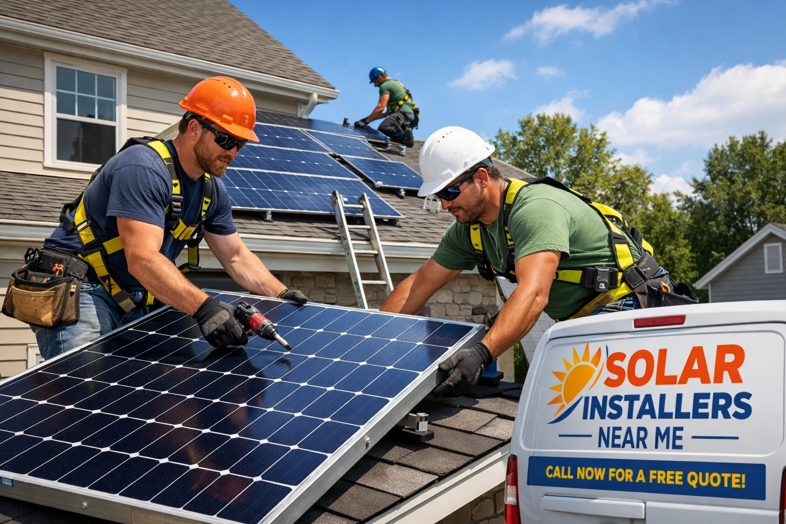 Residential solar installers installing solar panels on roof