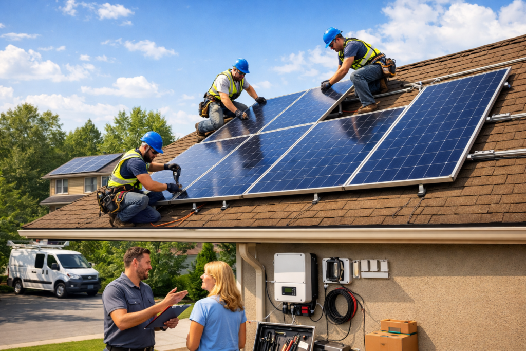 Expert residential solar installation for homes with technicians installing rooftop solar panels and consulting homeowner during setup.