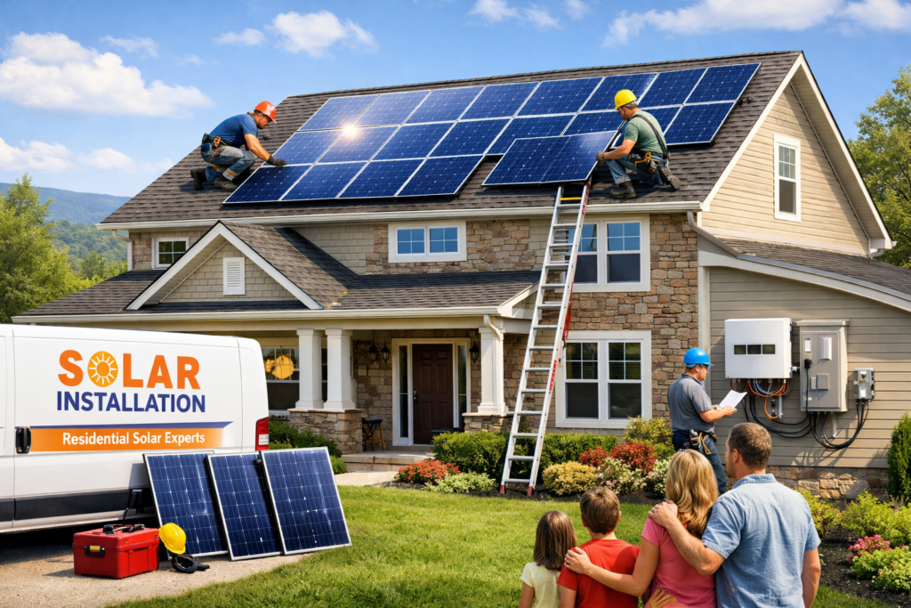 Residential solar panel installation on a modern house roof with technicians working outdoors