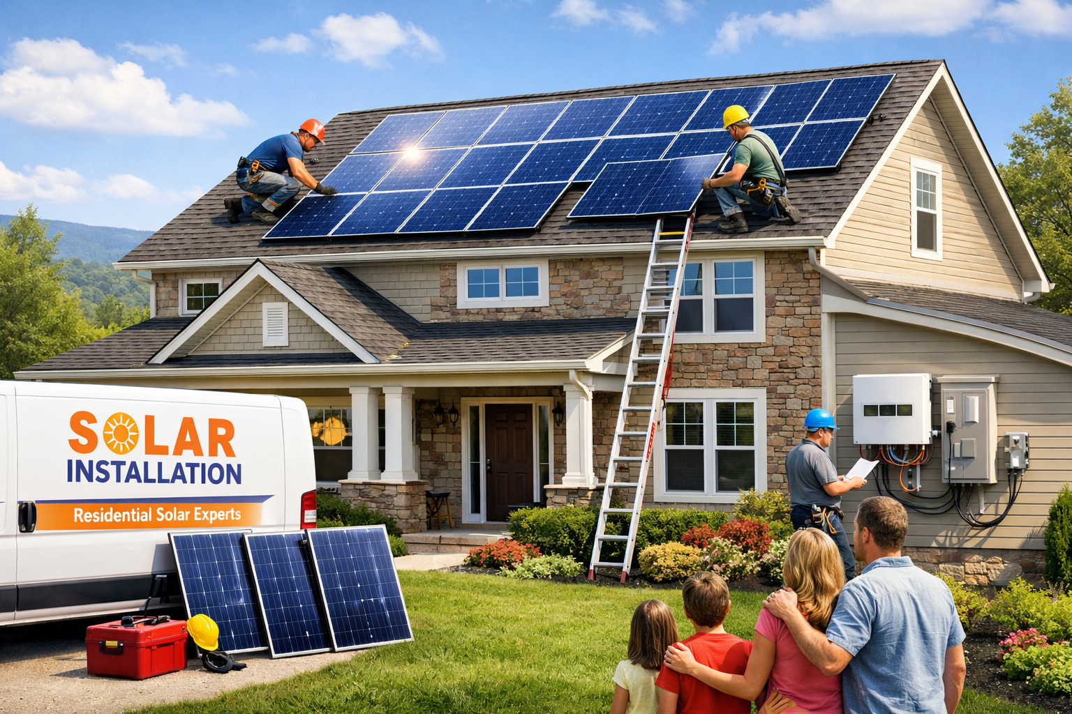 Residential solar panel installation on a modern house roof with technicians working outdoors