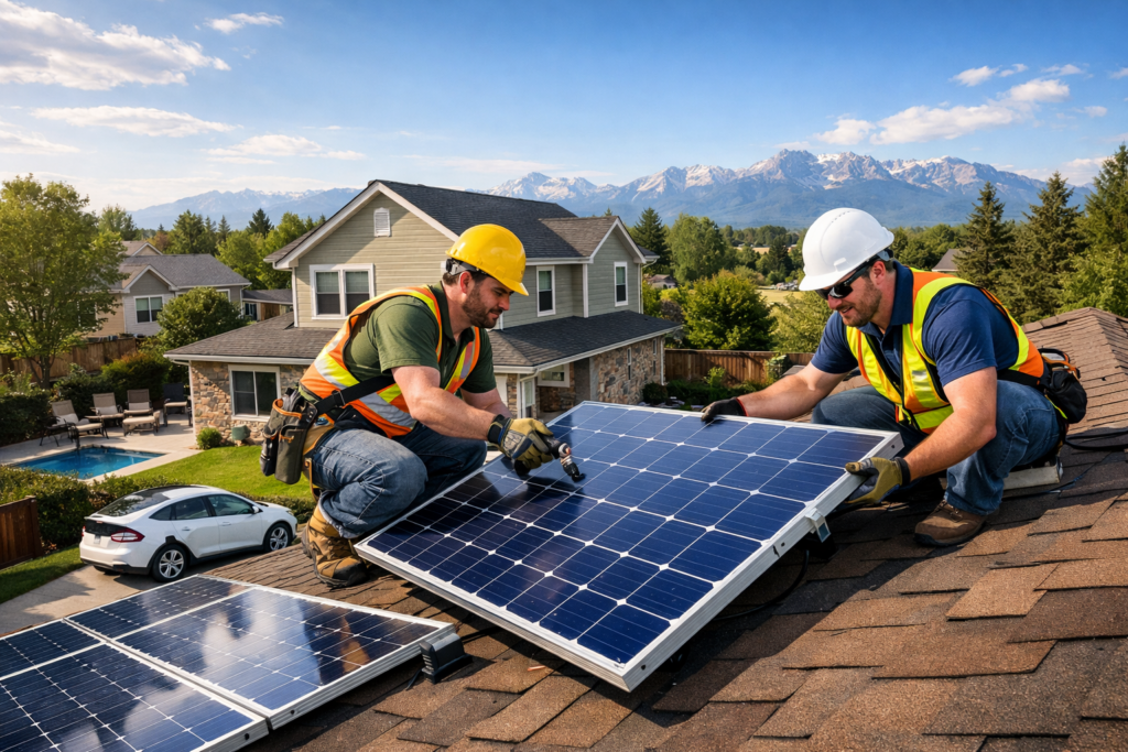 Solar installers fitting panels on a home rooftop.